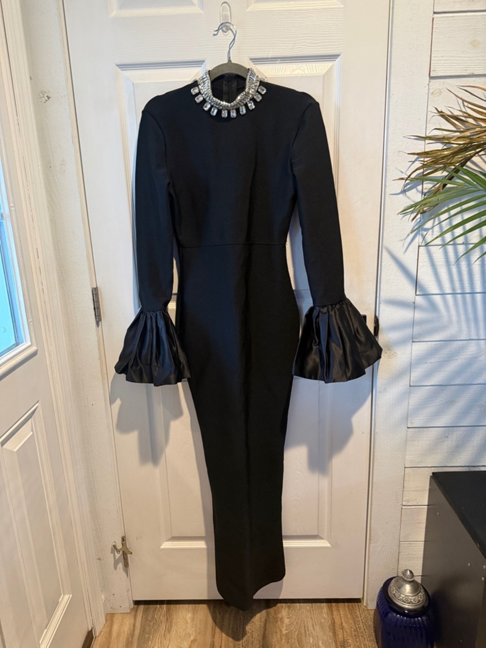Black Long-Sleeve Evening Gown with Statement Ruffle Cuffs